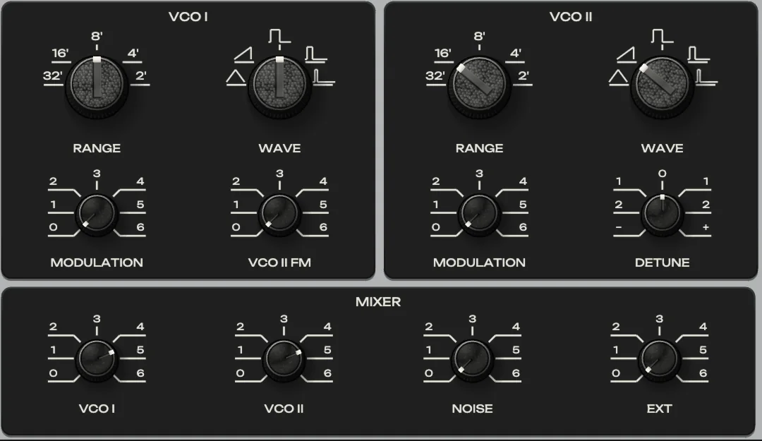 Two-Hand Duet: VCO I (the upper key) a square at 8', VCO II (the lower key) a saw at 16'. Both feed one mixer and one filter.
