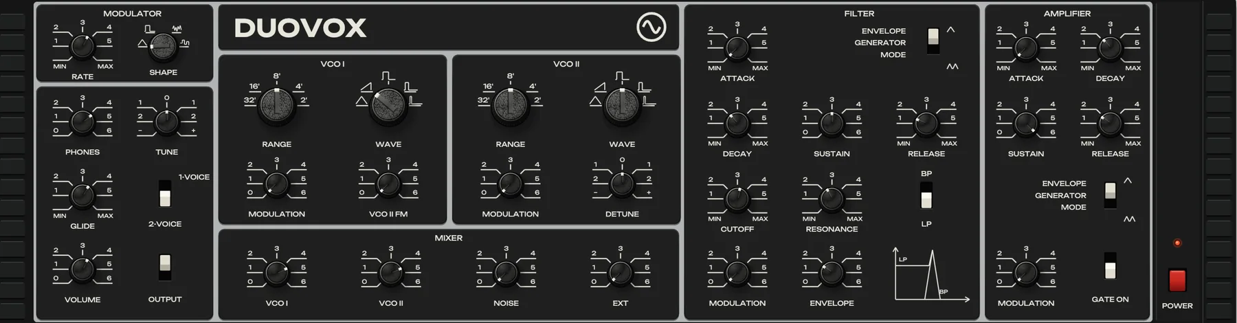 Duo Bend Lead: the voice switch on 2-VOICE and the glide up. Hold one key, play another, and VCO I bends to it.