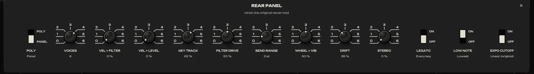The rear panel. FILTER DRIVE sets how hard the mixer hits the filter, KEY TRACK how far the cutoff follows the keys, EXPO CUTOFF swaps the linear cutoff law for an exponential one.