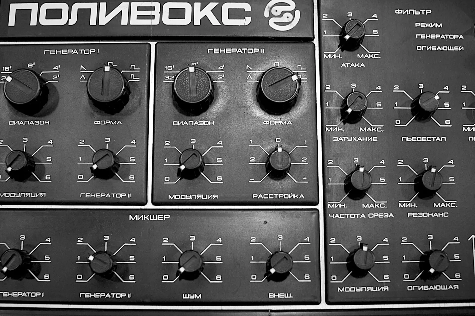 Close-up of an original Polyvox panel: the generator plates, the mixer and the filter, each on its own raised plate
