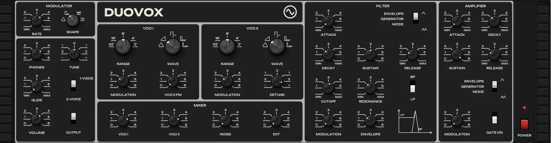 Trill Chord: the modulator on square at about 5.7 Hz lifts both generators by a whole tone, and VCO II is detuned a minor third above VCO I.