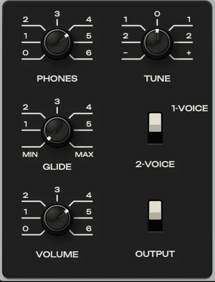 The master plate: PHONES, TUNE, GLIDE, the 1-voice / 2-voice lever, VOLUME and the OUTPUT lever.