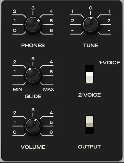 The master plate. The switch under GLIDE is the original 1-ГОЛ. / 2-ГОЛ. (1-voice / 2-voice) switch, in the same place as on the 1982 panel.