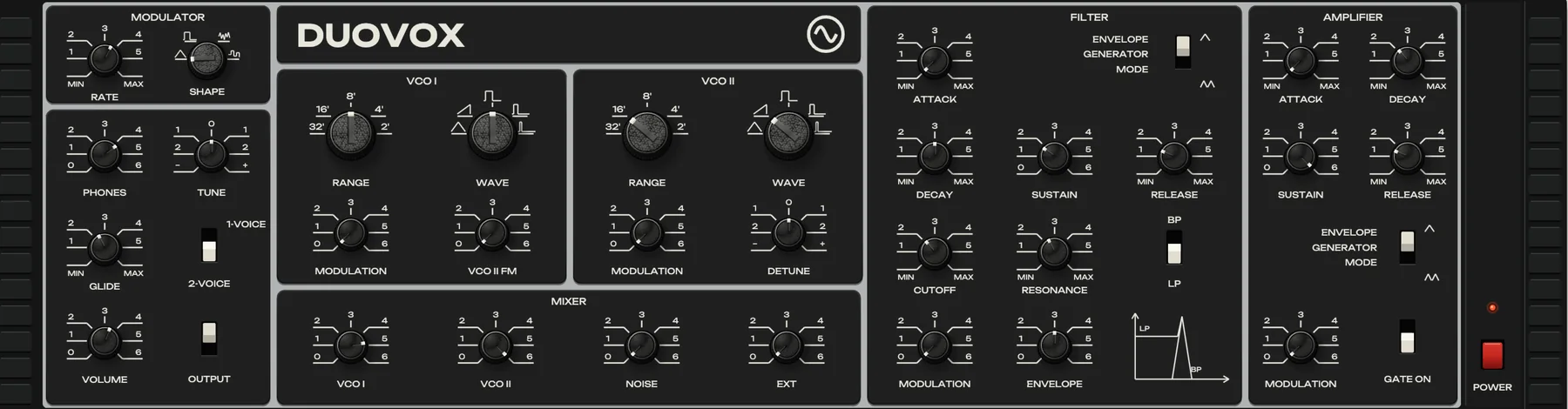 Duovox with the preset Duo Bass + Lead. The marks are the four points this comparison keeps coming back to: the 1/2-voice switch, the looping envelope, the ВНЕШ. (EXT) mixer channel and the resonance.