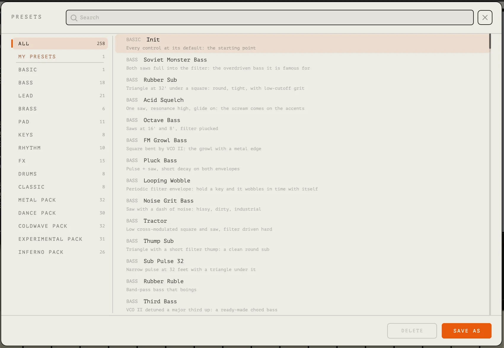 The preset browser: ten core banks and five packs, with a search field and a one-line description under every name. (The "My presets" entry holds one test save, so ALL reads 258 here; the factory set is 257.)
