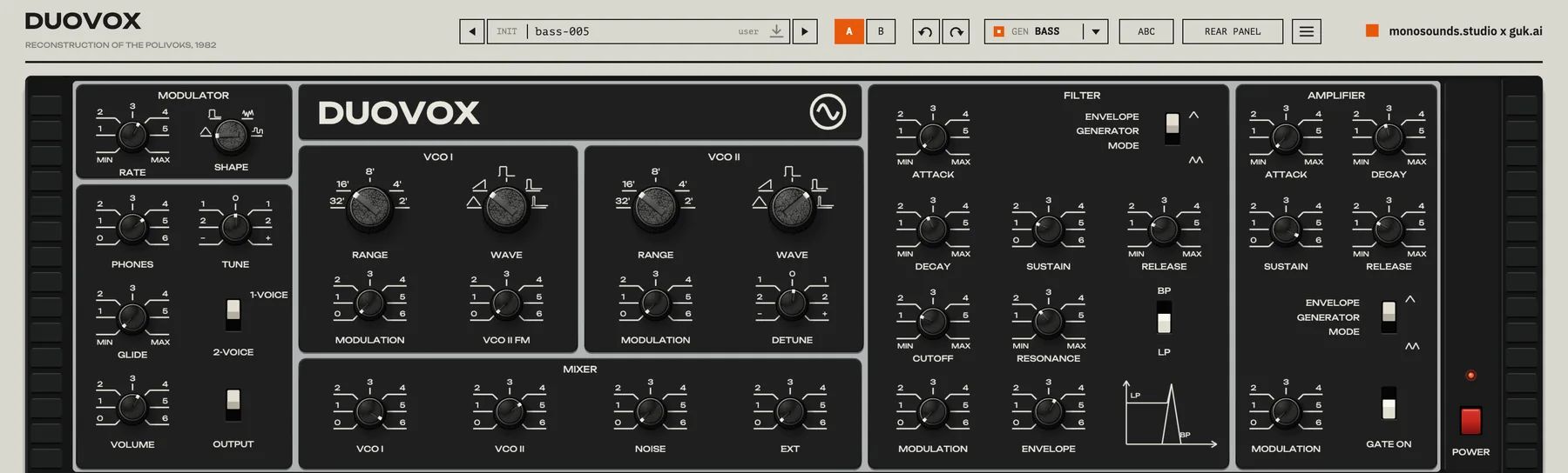 One click on GEN with Bass selected, starting from Init. The name bar now reads bass-005 and every control on the panel has moved to a new bass patch. The next click gives a different one, and undo takes it back.