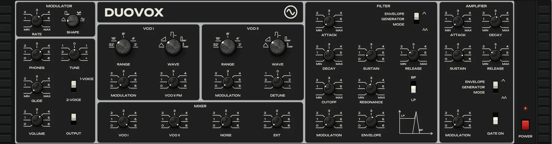 Duovox with the preset Soviet Monster Bass. The marks are the three things this instrument does that others do not: a mixer that overdrives the filter, envelopes that loop, two voices on one key switch.
