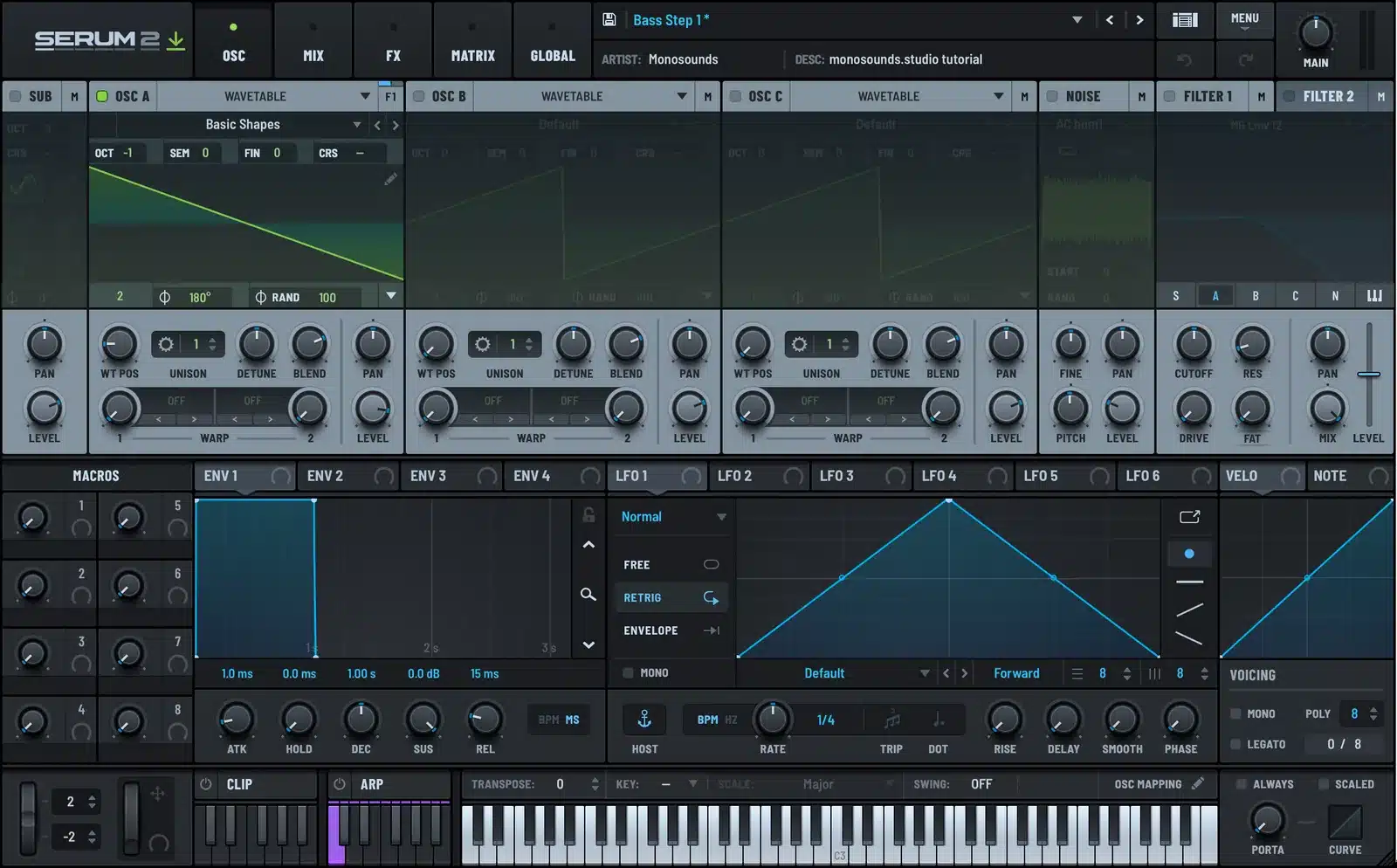 Serum 2 init patch with OSC A set to a saw wave at octave -1