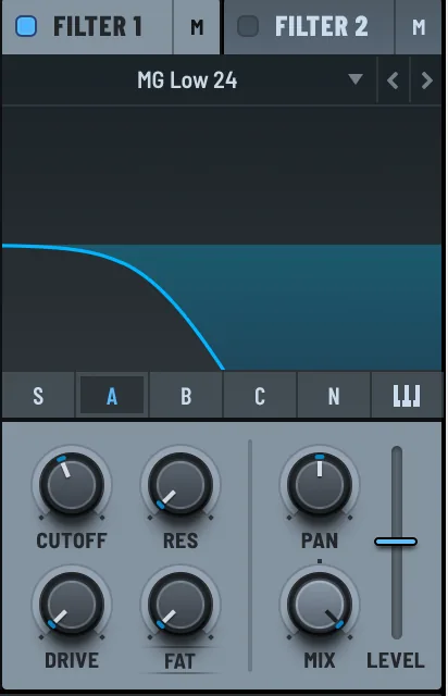 Filter 1 panel in Serum 2 with MG Low 24 selected and OSC A routed in