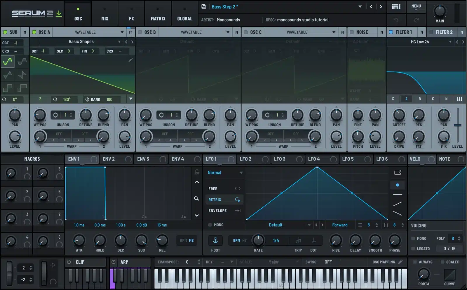 Serum 2 bass patch with SUB oscillator enabled and Filter 1 set to MG Low 24