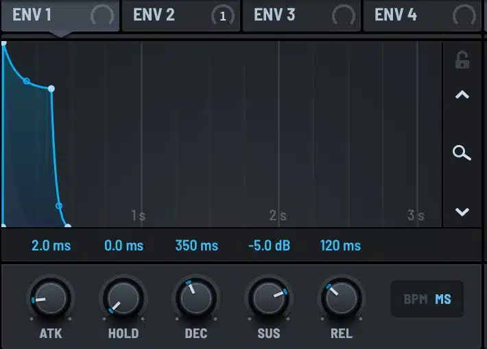 ENV 1 amp envelope settings for a synth bass in Serum 2