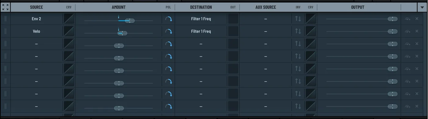 Serum 2 mod matrix with Env 2 and velocity routed to Filter 1 cutoff