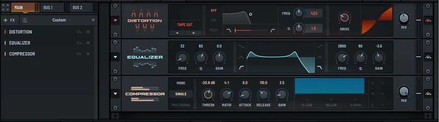 Serum 2 FX rack with Distortion, Equalizer and Compressor on a bass patch
