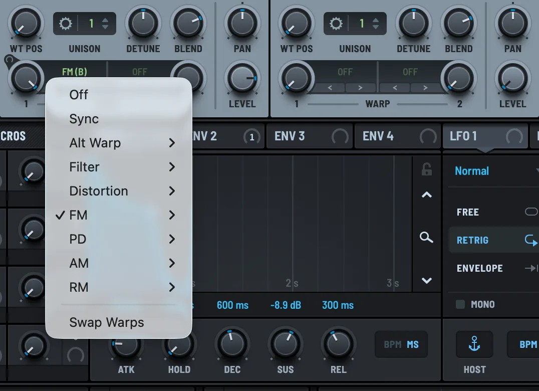 Serum 2 warp menu open showing Off, Sync, Alt Warp, Filter, Distortion, FM, PD, AM, RM and Swap Warps
