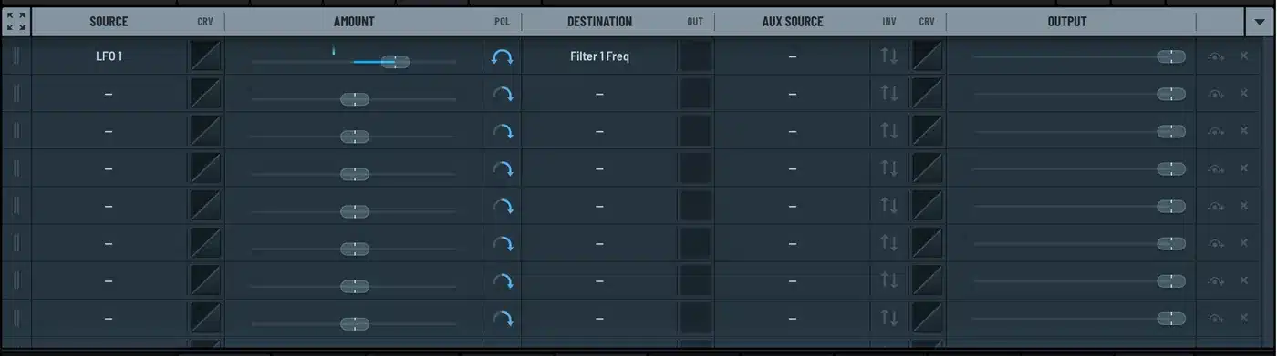 Serum 2 mod matrix with LFO 1 routed to Filter 1 cutoff in bipolar mode