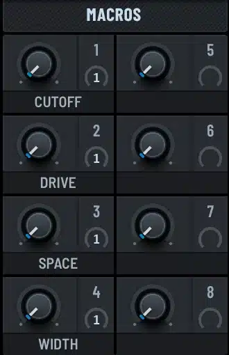 Serum 2 MACROS panel with four named macros: CUTOFF, DRIVE, SPACE, WIDTH