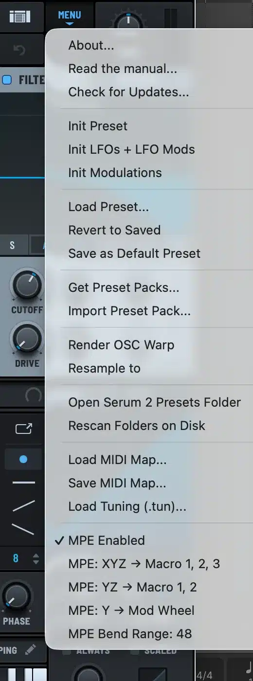 Serum 2 main menu showing Init Preset, Load Preset, Save as Default Preset, Import Preset Pack, Open Serum 2 Presets Folder and Rescan Folders on Disk