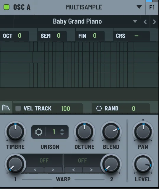 Serum 2 OSC A in Multisample mode with the Baby Grand Piano instrument loaded