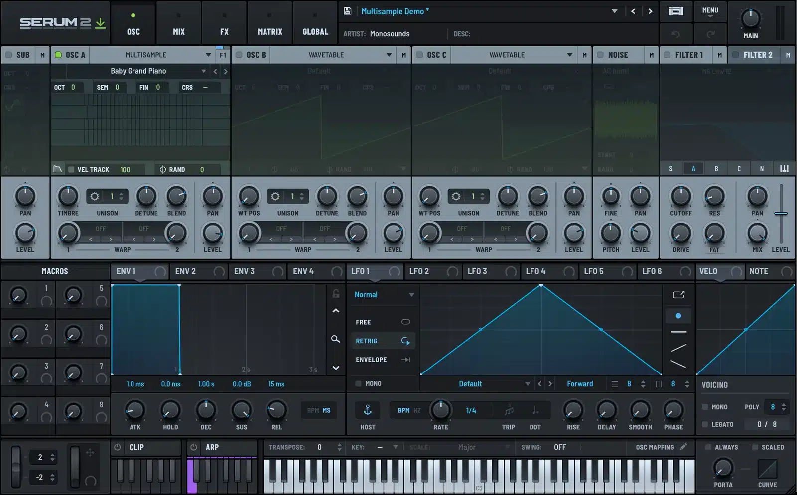 Full Serum 2 view with a multisample piano on OSC A