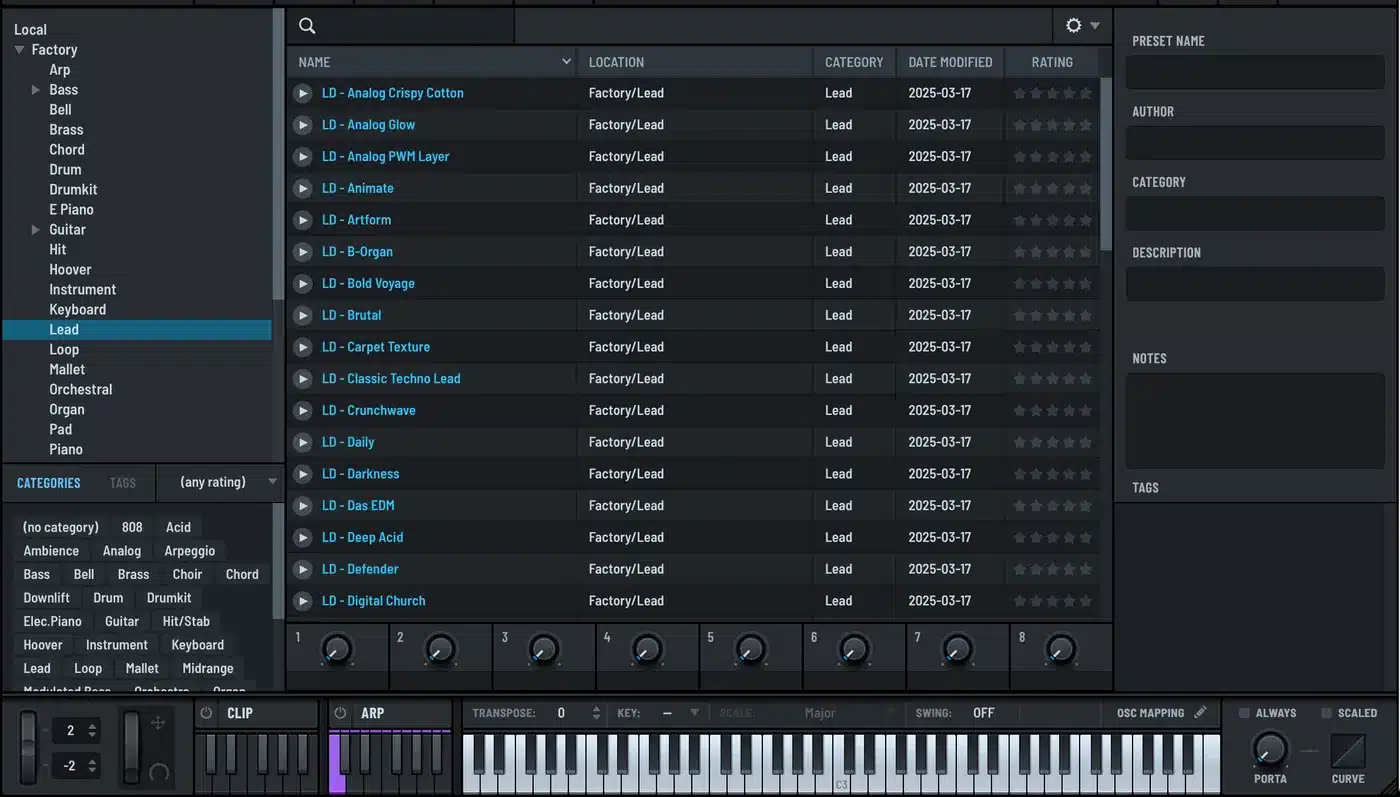 Serum 2 preset browser showing the folder tree, preset list with categories and dates, and the metadata pane
