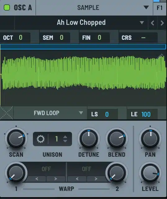 Serum 2 OSC A in Sample mode with a vocal sample loaded and FWD LOOP selected