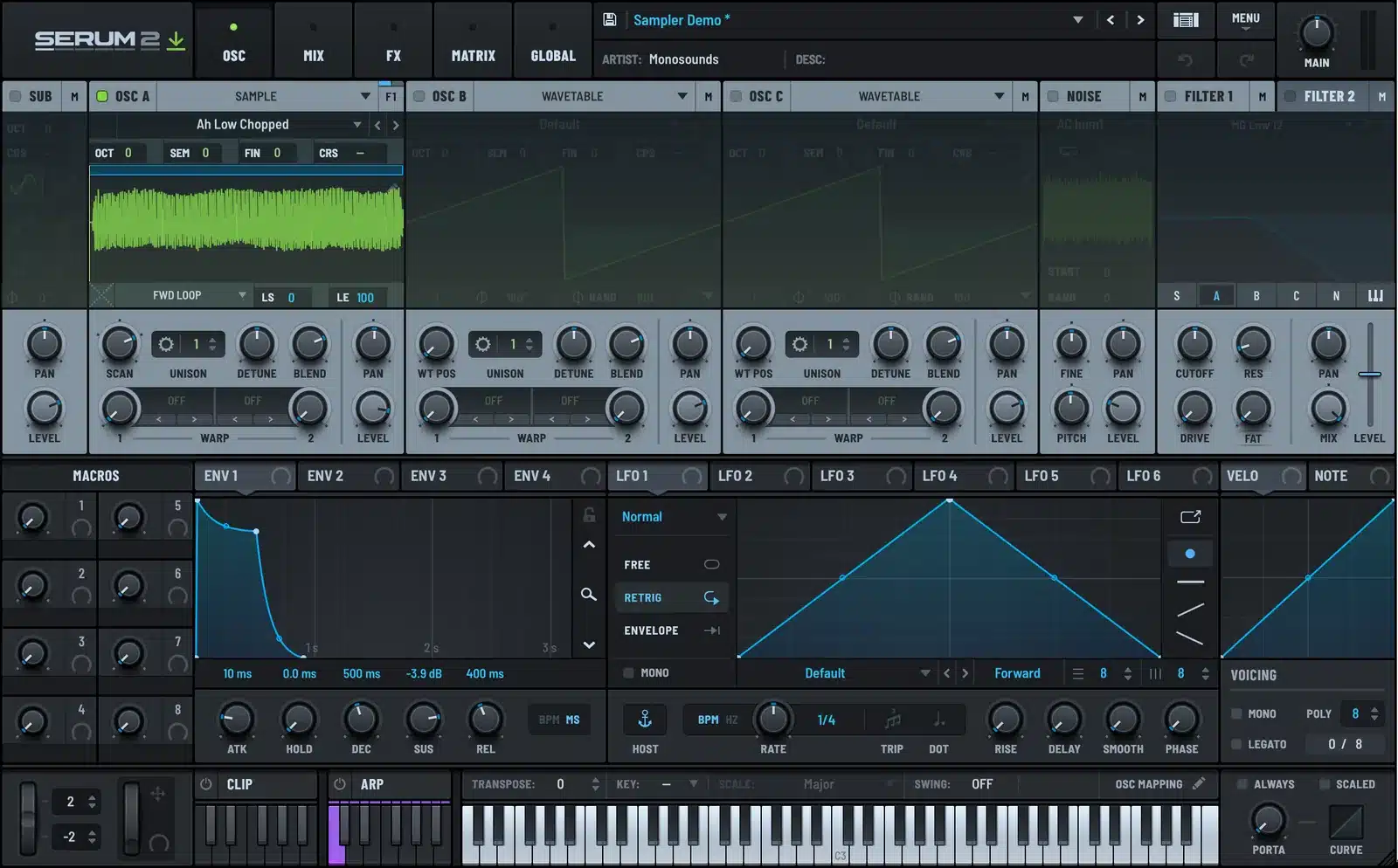Full Serum 2 view with a sample loaded on OSC A and the sampler controls visible