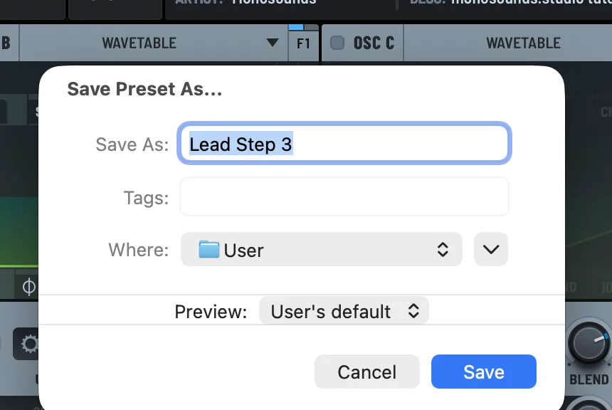 Serum 2 Save Preset As dialog with Save As, Tags, Where and Preview fields